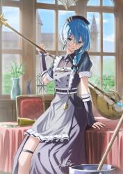 Rule 34 | 1girl, absurdres, apron, axe, black dress, black gloves, blue eyes, blue hair, braid, braided ponytail, chair, dated, dress, elbow gloves, fingerless gloves, frills, glasses, gloves, halberd, headdress, highres, holding, holding axe, holding polearm, holding weapon, hololive, hoshimachi suisei, hoshimachi suisei (maid), hz (helu 2), long hair, looking at viewer, maid, official alternate costume, parted lips, polearm, signature, sitting, sitting on table, solo, table, thigh strap, vase, virtual youtuber, weapon, window, wing collar