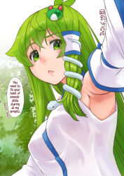Rule 34 | 1girl, armpit focus, armpits, blue ribbon, blush, breasts, collared shirt, dated, detached sleeves, forest, frog hair ornament, green eyes, green hair, hair ornament, hair tubes, hard-translated, japanese clothes, kei jiei, kochiya sanae, large breasts, long hair, long sleeves, looking at viewer, miko, nature, no bra, nontraditional miko, ribbon, shirt, sidelocks, sleeve ribbon, sleeveless, snake hair ornament, solo, third-party edit, touhou, translated, white background, white shirt