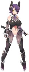 Rule 34 | 10s, 1girl, bare shoulders, breasts, checkered clothes, checkered necktie, checkered neckwear, eyepatch, fingerless gloves, full body, gloves, headgear, kantai collection, large breasts, lillithlauda, looking at viewer, midriff, navel, necktie, oekaki, partially fingerless gloves, purple hair, short hair, solo, taimanin suit, tenryuu (kancolle), transparent background, white background, yellow eyes