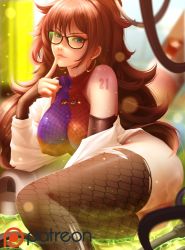 Rule 34 | 1girl, android 21, ass, bearwitch, black-framed eyewear, blue eyes, breasts, brown hair, curly hair, detached sleeves, dragon ball, dragon ball fighterz, dress, earrings, glasses, highres, hip focus, hoop earrings, jewelry, large breasts, long hair, looking at viewer, smile, solo, thighhighs, thighs