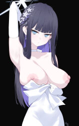 Rule 34 | 1girl, absurdres, armpits, bare shoulders, black background, black hair, blue archive, blue eyes, breasts, choker, closed mouth, colored inner hair, dongye1551, dress, earrings, elbow gloves, gloves, halo, highres, jewelry, large breasts, long hair, looking at viewer, multicolored hair, official alternate costume, purple hair, saori (blue archive), saori (dress) (blue archive), simple background, solo, two-tone hair, white choker, white dress, white gloves, white halo