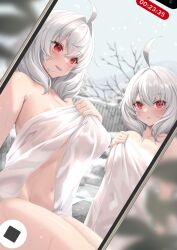 Rule 34 | 2girls, ahoge, bare tree, blush, breasts, cellphone, covering privates, fake phone screenshot, fake screenshot, grey sky, hodunomiya mirai, hodunomiya raika, large breasts, long hair, looking at viewer, multiple girls, naked towel, nude cover, onsen, original, outdoors, parted lips, phone, red eyes, short hair, siblings, sisters, sitting, sky, small breasts, smartphone, smile, strelka belca, towel, tree, white hair, winter