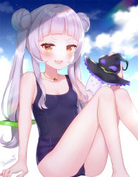 Rule 34 | 1girl, :d, alternate costume, artist name, ass, bare arms, bare legs, bare shoulders, barefoot, black hat, blue one-piece swimsuit, blue sky, blunt bangs, blush, breasts, cloud, collarbone, day, double bun, glint, hair bun, hat, highres, holding, hololive, jewelry, knees up, long hair, looking at viewer, murasaki shion, naomi (fantasia), necklace, one-piece swimsuit, open mouth, orange eyes, school swimsuit, silver hair, sky, small breasts, smile, solo, swimsuit, thighs, twintails, v-shaped eyebrows, virtual youtuber, witch hat