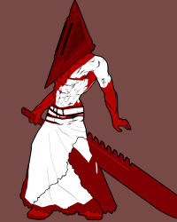 Rule 34 | 1boy, abs, absurdres, blood, brown background, helmet, highres, male focus, monster, pyramid head, silent hill, silent hill (series), silent hill 2, simple background, solo, sword, topless male, weapon