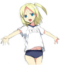 Rule 34 | 00s, 1girl, :d, blonde hair, blue eyes, buruma, doujin work, flat chest, gym uniform, kitano sora, lowres, midriff, navel, open mouth, outstretched arms, ponytail, short hair, side ponytail, simple background, sketch, smile, solo, spread arms, standing, takenashi eri