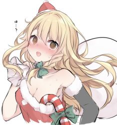 Rule 34 | 1girl, @ @, blonde hair, blush, braid, breasts, candy, candy cane, cleavage, collarbone, food, hat, highres, holding, holding sack, karasusou nano, kirisame marisa, long hair, medium breasts, open mouth, red hat, sack, santa hat, simple background, single braid, sketch, solo, touhou, upper body, white background, yellow eyes