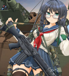 Rule 34 | 1girl, assault rifle, black hair, blue sailor collar, blue skirt, braid, breasts, brown thighhighs, closed mouth, collarbone, commentary request, glasses, green eyes, gun, hair between eyes, highres, howa type 89, long hair, long sleeves, looking at viewer, medium breasts, mikeran (mikelan), neckerchief, original, pleated skirt, red-framed eyewear, red neckerchief, rifle, sailor collar, shirt, skirt, solo, thighhighs, v-shaped eyebrows, vehicle request, weapon, weapon request, white shirt