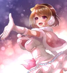 Rule 34 | 1girl, :d, blush, bow, breasts, brown bow, brown hair, brown hairband, capelet, frilled skirt, frills, fur-trimmed capelet, fur-trimmed gloves, fur trim, gloves, hair bow, hairband, headphones, headset, koizumi hanayo, layered skirt, love live!, love live! school idol project, medium breasts, microphone, miniskirt, neck ribbon, open mouth, outstretched arm, pink capelet, ribbon, shirt, short hair, skirt, smile, snow halation, solo, standing, wasa (wanosabi), white gloves, white ribbon, white shirt, white skirt
