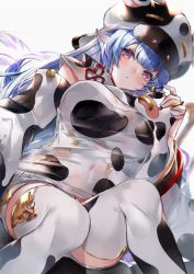 Rule 34 | 1girl, animal ears, animal print, bare shoulders, bikini, blue hair, blush, breasts, catura (granblue fantasy), cow, cow ears, cow girl, cow hat, cow horns, cow print, detached collar, detached sleeves, draph, ear piercing, granblue fantasy, highres, horns, large breasts, long hair, looking at viewer, navel, open mouth, piercing, pointy ears, purple eyes, see-through, short shorts, shorts, sitting, solo, soraneko hino, swimsuit, thighhighs, thighs, white bikini, white shorts, white thighhighs, wide sleeves