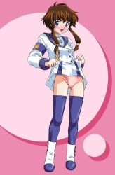 Rule 34 | 1girl, :d, angelic layer, ankle boots, armband, blue eyes, blue thighhighs, blush, boots, brown hair, buttons, clothes lift, dress, dress lift, flat chest, groin, hair tubes, highleg, highleg panties, long hair, low-tied long hair, open mouth, panties, pink background, pink panties, pleated dress, school uniform, serafuku, short dress, short hair with long locks, sidelocks, skirt, skirt lift, smile, solo, standing, suzuhara misaki, thighhighs, turtleneck, underwear, undressing