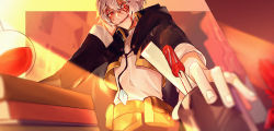 Rule 34 | 1boy, adelinez, belt, black cape, bleeding, blood, blood on face, blurry, blurry background, blurry foreground, book stack, cape, from below, gem, grin, hair between eyes, hand on own cheek, hand on own face, hand up, highres, jewelry, long sleeves, looking at viewer, male focus, necklace, ourn the inventor, pixiv fantasia, pixiv fantasia last saga, potion, red eyes, screwdriver, silver hair, smile, sunlight