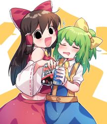 Rule 34 | 2girls, :d, ascot, beer can, black eyes, blouse, blue dress, blush, bow, brown hair, can, closed eyes, collared shirt, commentary request, cookie (touhou), cowboy shot, daiyousei, detached sleeves, diyusi (cookie), dress, drink can, drooling, drunk, empty eyes, frilled bow, frilled hair tubes, frilled sleeves, frills, gloves, green hair, hair between eyes, hair bow, hair tubes, hakurei reimu, high-waist skirt, holding, holding can, long hair, looking at viewer, medium hair, midriff, mouth drool, multiple girls, navel, noel (cookie), open mouth, pinafore dress, puffy short sleeves, puffy sleeves, red bow, red shirt, red skirt, ribbon-trimmed sleeves, ribbon trim, shirt, short sleeves, sidelocks, skirt, skirt set, sleeveless, sleeveless dress, smile, strong zero, touhou, white gloves, white shirt, white sleeves, xox xxxxxx, yellow ascot, yellow bow