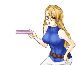 Rule 34 | 1girl, bare shoulders, belt, blonde hair, book, brown eyes, capcom, eu03, female focus, glasses, ace attorney, phoenix wright: ace attorney - justice for all, halterneck, adrian andrews, long hair, open mouth, simple background, sleeveless, sleeveless turtleneck, solo, turtleneck, white background