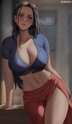 Rule 34 | 1girl, artist name, black hair, blue eyes, blurry, blurry background, blush, breasts, cleavage, collarbone, door, english text, eyewear on head, female focus, forehead, highres, indoors, large breasts, long hair, looking at viewer, midriff, navel, nico robin, one piece, oroborus, parted lips, sarong, short sleeves, smile, solo, steaming body, sunglasses, sunglasses on head, teeth, thighs, tinted eyewear, very long hair, wide hips