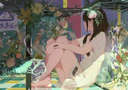 Rule 34 | 1girl, barcode, barcode tattoo, barefoot, black hair, braid, bubble, closed mouth, commentary request, crossed ankles, dress, fish, flower, highres, leaf, long hair, looking to the side, original, side slit, sidelocks, sitting, tattoo, xilmo
