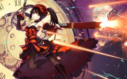 Rule 34 | 1girl, 300 heroes, artist request, black hair, boots, breasts, clock, clock eyes, cross-laced footwear, date a live, detached sleeves, dress, gothic lolita, grin, gun, hairband, heterochromia, holding, holding gun, holding weapon, lace-up boots, lolita fashion, lolita hairband, long hair, medium breasts, moon, night, red eyes, roman numeral, smile, solo, symbol-shaped pupils, tokisaki kurumi, twintails, weapon, yellow eyes