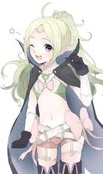 Rule 34 | 1girl, bad id, bad twitter id, belt, black gloves, blonde hair, cape, chacha soracha, circlet, fire emblem, fire emblem awakening, flat chest, gloves, long hair, navel, nintendo, nowi (fire emblem), one eye closed, open mouth, pointy ears, ponytail, purple eyes, short shorts, shorts, simple background, solo, white background