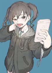 Rule 34 | 1girl, black coat, black hair, blue background, blush, brown eyes, cellphone, coat, collared shirt, commentary, cowboy shot, finger in own mouth, fingernails, holding, holding phone, hood, hood down, hooded coat, idolmaster, idolmaster cinderella girls, iphone, long hair, looking at phone, mask, unworn mask, mole, mole under eye, mouth mask, mouth pull, nametake, necktie, open mouth, phone, pleated skirt, school uniform, selfie, sharp teeth, shirt, sketch, skirt, smartphone, solo, standing, sunazuka akira, surgical mask, teeth, tongue, twintails, white shirt