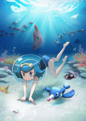 Rule 34 | 1girl, air bubble, alomomola, barefoot, blue eyes, blue hair, bright pupils, bubble, closed mouth, commentary request, coral, creatures (company), eko000ohce, freckles, game freak, gen 1 pokemon, gen 5 pokemon, gen 7 pokemon, goggles, goggles on head, highres, lana (pokemon), light rays, looking down, nintendo, no sclera, one-piece swimsuit, pokemon, pokemon (anime), pokemon (creature), pokemon sm (anime), popplio, shellder, short hair, smile, staryu, swimsuit, toes, underwater, white pupils, wishiwashi, wishiwashi (solo)