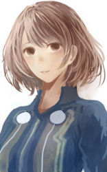 Rule 34 | 1girl, brown eyes, brown hair, head tilt, looking at viewer, original, parted lips, popped collar, sakimori (hououbds), short hair, simple background, solo