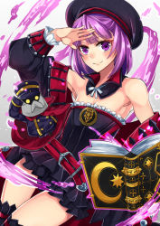 Rule 34 | 1girl, armpits, bare shoulders, book, breasts, detached sleeves, fate/grand order, fate (series), flat chest, hat, helena blavatsky (fate), helena blavatsky (third ascension) (fate), highres, horonosuke, looking at viewer, purple eyes, purple hair, salute, sefirot, short hair, small breasts, smile, solo, thighhighs