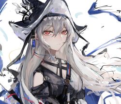 Rule 34 | 1girl, absurdres, arknights, black dress, black hat, breasts, chinese commentary, cleavage, closed mouth, commentary request, dress, female focus, hair between eyes, hat, highres, layered dress, lch, long hair, long sleeves, looking at viewer, red eyes, simple background, small breasts, solo, specter (arknights), specter the unchained (arknights), upper body, very long hair, white background, white dress