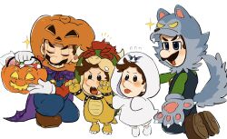 Rule 34 | 4boys, animal costume, baby luigi, baby mario, basket, big nose, blue eyes, blue overalls, boo (mario), boo (mario) (cosplay), bowser, bowser (cosplay), brown footwear, brown hair, candy, cape, child, claw pose, closed eyes, commentary, cosplay, facial hair, fangs, food, gloves, green shirt, halloween, highres, jack-o&#039;-lantern head, kneeling, lollipop, luigi, mario, mario (series), mimimi (mimimim9999), multiple boys, mustache, nintendo, open mouth, overalls, purple cape, red shirt, shirt, shoes, simple background, symbol-only commentary, tail, teeth, toddler, tongue, tongue out, upper teeth only, white background, white gloves, wolf costume, wolf paws, wolf tail