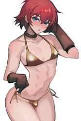 Rule 34 | 1boy, abs, akimachi, bikini, black choker, black gloves, blue eyes, blush, bulge, choker, collarbone, commentary request, crossdressing, eyelashes, flirting, gloves, hair between eyes, hand up, highres, looking at viewer, male focus, narrow waist, navel, open mouth, red hair, reid hershel, short hair, solo, standing, stomach, string bikini, swimsuit, tales of (series), tales of eternia, toned, toned male, trap, white background