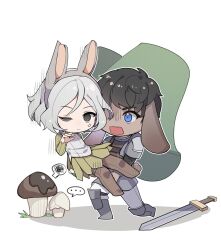 Rule 34 | ..., 2boys, anger vein, animal ears, armor, black eyes, black hair, blue eyes, carrying, carrying person, chibi, chibi only, cloak, curly hair, dark-skinned male, dark skin, diao mao de yu shushu, dungeon meshi, elf, fake animal ears, green cloak, grey hair, highres, kabru, lazy eye, male focus, mithrun, multiple boys, mushroom, notched ear, open mouth, pauldrons, pointy ears, princess carry, rabbit ears, rabbit tail, rectangular mouth, short hair, shoulder armor, simple background, single pauldron, speech bubble, spoken ellipsis, spoken squiggle, squiggle, sword, tail, uneven eyes, wavy hair, weapon, white background