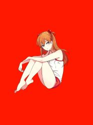 Rule 34 | 1girl, :o, absurdres, bare legs, barefoot, blue eyes, fetal position, full body, highres, jpeg artifacts, long hair, looking at viewer, mebae, neon genesis evangelion, orange hair, plantar flexion, red background, red theme, short shorts, shorts, simple background, sitting, sleeveless, solo, souryuu asuka langley, tank top