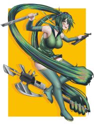 Rule 34 | 1girl, absurdly long hair, absurdres, aqua sailor collar, arm wrap, axe, bandaged neck, bandages, battle axe, blush, boots, border, breasts, collarbone, commentary, commentary request, commission, english commentary, finger on trigger, full body, goggles, goggles on head, green eyes, green footwear, green hair, green skirt, green vest, gun, hair censor, hatsune miku, highres, holding, holding axe, holding gun, holding weapon, kafu (kafu6416), large breasts, long hair, looking at viewer, machete, madness combat, mixed-language commentary, open mouth, original, pixiv commission, pleated skirt, prehensile hair, sailor collar, sharp teeth, simple background, skirt, sleeveless, smile, solo, teeth, thigh boots, triple wielding, twintails, upper teeth only, very long hair, vest, vocaloid, weapon, weapon request, white border, yellow background, zipper pull tab