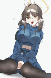 Rule 34 | 1girl, absurdres, animal ears, black pantyhose, blue archive, blue skirt, blue sweater, blush, breasts, brown eyes, brown hair, candy, fake animal ears, food, glasses, halo, heart, higa (gominami), highres, large breasts, lollipop, long hair, long sleeves, looking at viewer, low twintails, moe (blue archive), open mouth, pantyhose, pleated skirt, rabbit ears, red-framed eyewear, simple background, skirt, solo, sweater, twintails, white background, yellow halo