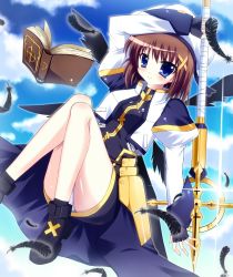 Rule 34 | 1girl, arm up, bad id, bad pixiv id, blue eyes, book, brown hair, cloud, day, feathers, fingerless gloves, gloves, hair ornament, highres, legs, lyrical nanoha, mahou shoujo lyrical nanoha, mahou shoujo lyrical nanoha a&#039;s, panties, pantyshot, raiou, schwertkreuz, short hair, sky, smile, solo, staff, tome of the night sky, underwear, waist cape, wings, yagami hayate