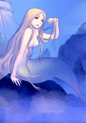 Rule 34 | 1girl, arm support, arm up, blonde hair, blue background, blue eyes, breasts, completely nude, from side, futaba jun, long hair, looking at hand, mermaid, monster girl, nipples, nude, open mouth, original, rock, scales, shipwreck, sitting, solo, underwater, very long hair
