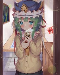 Rule 34 | 1girl, absurdres, alternate costume, black skirt, blue eyes, blue hat, blush, breath, brown sweater, commentary request, cowboy shot, flat chest, flower, frilled hat, frills, green hair, hat, highres, long sleeves, looking at viewer, matcha yado, medium hair, open mouth, red flower, rod of remorse, school uniform, serafuku, shiki eiki, skirt, solo, spider lily, sweater, touhou