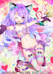 Rule 34 | 1girl, :d, animal ears, bad id, bad pixiv id, blush, breasts, gloves, kaku-san-sei million arthur, long hair, looking at viewer, mary janes, million arthur (series), naked ribbon, navel, official art, one eye closed, open mouth, outstretched arms, purple eyes, purple gloves, purple hair, ribbon, shoes, small breasts, smile, solo, striped clothes, striped thighhighs, thigh gap, thighhighs, watermark, yuuki kira