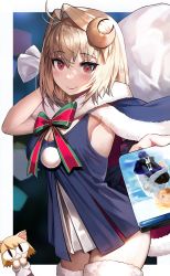 Rule 34 | 1girl, arcueid brunestud, artoria pendragon (all), artoria pendragon (fate), bad id, bad pixiv id, blonde hair, blu-ray cover, blue capelet, blush, breasts, capelet, christmas, cleavage, closed mouth, cosplay, cover, crescent, crescent hair ornament, fate/grand order, fate (series), green neckwear, green ribbon, hair ornament, highres, looking at viewer, medium breasts, red eyes, ribbon, santa alter, santa alter (cosplay), short hair, smile, solo, suou-sensei, thighhighs, tsukihime