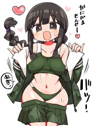Rule 34 | 1girl, :d, black hair, blush, braid, breasts, bright pupils, brown eyes, buruma, collarbone, green buruma, green jacket, green skirt, green sports bra, heart, jacket, kanikama, kantai collection, kitakami (kancolle), looking at viewer, medium breasts, midriff, navel, open clothes, open jacket, open mouth, pleated skirt, single braid, skirt, smile, solo, sports bikini, sports bra, sweat, translation request, white pupils, wide hips