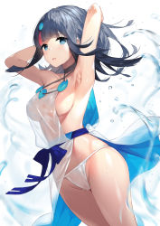 Rule 34 | 1girl, armpits, arms behind head, arms up, bare shoulders, black hair, blue eyes, blue ribbon, blush, breasts, closed mouth, collarbone, curvy, dress, fate/grand order, fate/requiem, fate (series), fundoshi, highres, japanese clothes, jewelry, large breasts, looking at viewer, magatama, magatama hair ornament, medium hair, multicolored hair, necklace, pelvic curtain, pink hair, polearm, ribbon, shiny skin, short dress, sideboob, sideless outfit, sleeveless, sleeveless dress, smile, sora 72-iro, spear, streaked hair, thighs, two-sided fabric, utsumi erice, water, weapon, white dress