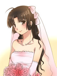 Rule 34 | 10s, 1girl, ahoge, alternate hairstyle, bare shoulders, black hair, blush, bouquet, bridal veil, brown eyes, dress, elbow gloves, flower, gloves, gradient background, highres, jewelry, kantai collection, kou (hamuumai), long hair, looking at viewer, necklace, pink dress, shouhou (kancolle), smile, solo, strapless, strapless dress, veil, wedding dress