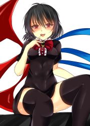Rule 34 | &gt;:d, 1girl, :d, asymmetrical wings, bad id, bad pixiv id, black dress, black hair, black thighhighs, blush, breasts, dress, fangs, finger to mouth, fujimori tonkatsu, highres, houjuu nue, looking at viewer, open mouth, red eyes, short dress, short hair, sitting, smile, snake, solo, thighhighs, touhou, v-shaped eyebrows, wings, zettai ryouiki