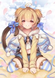 Rule 34 | 1girl, ahoge, andira (granblue fantasy), animal ears, blonde hair, blush, clenched teeth, commentary request, erune, flying nimbus, granblue fantasy, highres, looking at viewer, midriff, monkey ears, monkey tail, navel, petals, red eyes, short hair, sitting, smile, solo, striped clothes, striped thighhighs, tail, teeth, thighhighs, topia, wariza