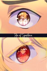 Rule 34 | 1boy, 1girl, blonde hair, brown eyes, brown hair, colette brunel, commentary request, copyright name, echo (circa), eye focus, eyelashes, jewelry, lloyd irving, long hair, looking at another, open mouth, red shirt, shirt, tales of (series), tales of symphonia