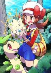 Rule 34 | bayleef, blue overalls, bow, brown hair, cabbie hat, creatures (company), game freak, gen 2 pokemon, hat, hat bow, highres, long hair, lyra (pokemon), nintendo, overalls, pokegear, pokemon, pokemon (creature), pokemon hgss, red bow, red shirt, sheyona, shirt, thighhighs, togepi, twintails, white headwear, yellow bag