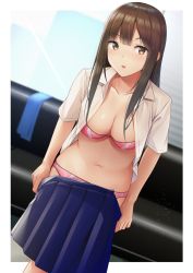 Rule 34 | 1girl, bad id, bad pixiv id, blue skirt, blush, bra, breasts, brown eyes, brown hair, cleavage, clothes pull, collarbone, commentary request, couch, day, hip focus, idolmaster, idolmaster cinderella girls, indoors, leaning forward, long hair, looking at viewer, medium breasts, mizumoto yukari, navel, open clothes, open mouth, open shirt, panties, parted lips, pink bra, pink panties, pleated skirt, school uniform, shirt, short sleeves, skirt, skirt pull, solo, standing, umihotaru harumare, underwear, undressing