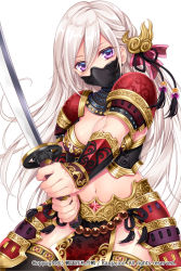 Rule 34 | 1girl, armor, beads, black ribbon, black thighhighs, boobplate, breastplate, breasts, company name, copyright name, cowboy shot, eyes visible through hair, faulds, floral print, foreshortening, gem, hair between eyes, hair ribbon, holding, holding sword, holding weapon, japanese armor, kusazuri, loincloth, long hair, looking at viewer, mask, medium breasts, mitsuba choco, mouth mask, navel, official art, outstretched arms, pauldrons, purple eyes, red armor, red gemstone, red ribbon, ribbon, sengoku hanafuda kassen, shiny skin, shoulder armor, silver hair, simple background, solo, sword, tassel, thighhighs, two-handed, vambraces, very long hair, weapon, white background