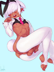 Rule 34 | 1boy, animal ears, anus, ass, bad id, bad pixiv id, blue background, blush, blush stickers, covering crotch, covering privates, dark-skinned male, dark elf, dark skin, elf, fake animal ears, fake tail, hair over eyes, highres, kuroino (0kuro8ino6), male focus, male playboy bunny, meme attire, navel, necktie, nipples, open mouth, original, pectorals, perineum, pointy ears, rabbit ears, rabbit tail, reverse bunnysuit, reverse outfit, smile, solo, stirrup legwear, sweatdrop, tail, testicle peek, testicles, thighhighs, toeless legwear, trap, white hair