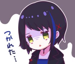 Rule 34 | 1girl, bags under eyes, black hair, black jacket, blue hair, chibi, denonbu, exhausted, green eyes, hair ornament, jacket, looking at viewer, lowres, mole, mole under eye, multicolored hair, nonkomu (furiten5553), official art, open mouth, outline, seto mitsuki (denonbu), shaded face, short hair, solo, streaked hair, translated, transparent background, triangle mouth, upper body, white outline, x hair ornament