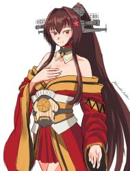 Rule 34 | 1girl, adapted costume, armor, artist name, azur lane, bare shoulders, breasts, brown hair, cleavage, commentary, cosplay, cowboy shot, english commentary, hand on own chest, happy birthday, japanese clothes, kantai collection, kimono, large breasts, long hair, looking at viewer, one-hour drawing challenge, pleated skirt, ponytail, rekka yamato, shinano (azur lane), shinano (azur lane) (cosplay), simple background, skirt, solo, very long hair, white background, wide sleeves, yamato (kancolle), yamato kai ni (kancolle)