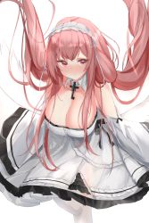 Rule 34 | azur lane, blush, breasts, cleavage, detached collar, dress, headdress, highres, large breasts, long hair, nephthys2356, perseus (azur lane), pink hair, red eyes, simple background, solo, twintails, very long hair